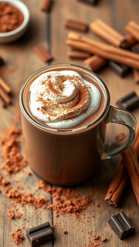 A mug of vegan Mexican hot chocolate with whipped cream and cinnamon, surrounded by cocoa and chocolate.